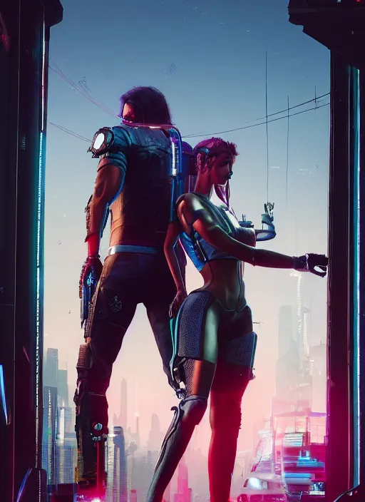 Image similar to a highly detailed photorealistic cyberpunk 2077 couple portrait of Keanu Reeves and female android,lots of electric cable behind,connected to giant computer,couple pose,love,fantasy, intricate, elegant,by Alex Horley and Greg Rutkowski,artstation,deviantart,FAN ART,Unreal Engine,Digital painting,face enhance,8K,golden ratio,cinematic lighting