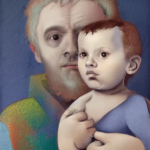 Prompt: detailed half-lenght mixed media portrait of a father with child. childrenbook illustration in the style of Caravaggio and Raffaello and Paul Klee. soft matte pastel tones. matte background. HD 8x