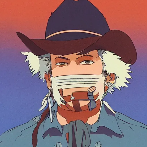 Prompt: scruffy american cowboy, studio ghibli, retrofuturism