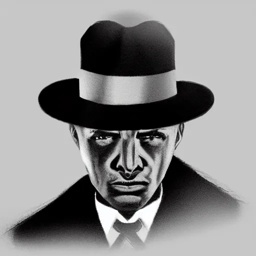 Prompt: /noir portrait of detective wearing a black hat, mafia, gangster, photoreal, dramatic lighting, old movie