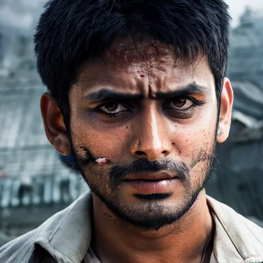 Prompt: portrait photo still of an indian guy in attack of titan. attack on titan concept art 8 k, 8 5 mm f 1. 8