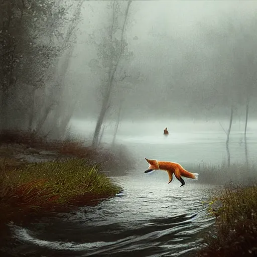 Prompt: a fox swimming in a river the background is a huge lake the fox is scared and swimming for his life the weather is raining and foggy by greg rutkowski