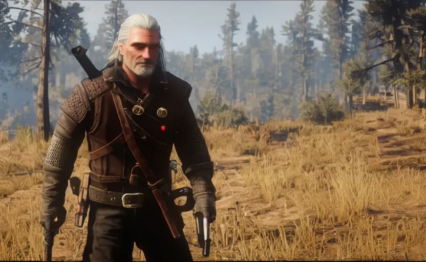 Image similar to screenshot of geralt of rivia in red dead redemption 2,