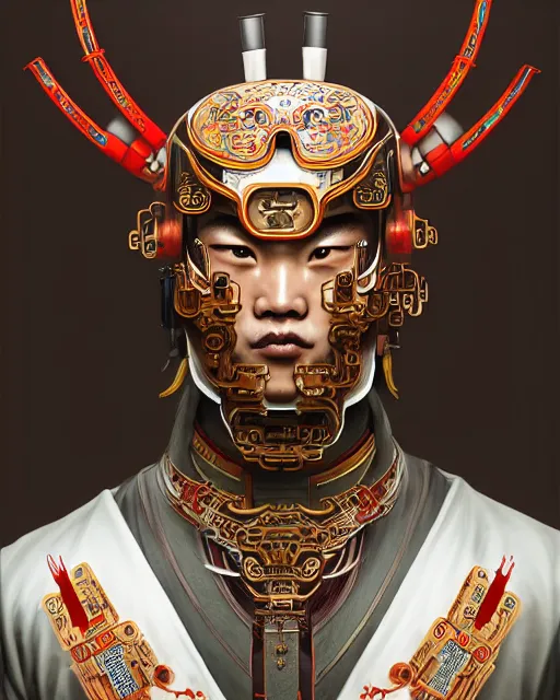 Image similar to portrait of a chinese masculine male cyberpunk machine, machine face, upper half portrait, decorated with chinese opera motifs, muscular, asian, fine china, wuxia, traditional chinese art intricate intense elegant 京 剧 highly detailed symmetry headpiece digital painting artstation concept art smooth sharp focus illustration, art by artgerm and greg rutkowski alphonse mucha 8 k