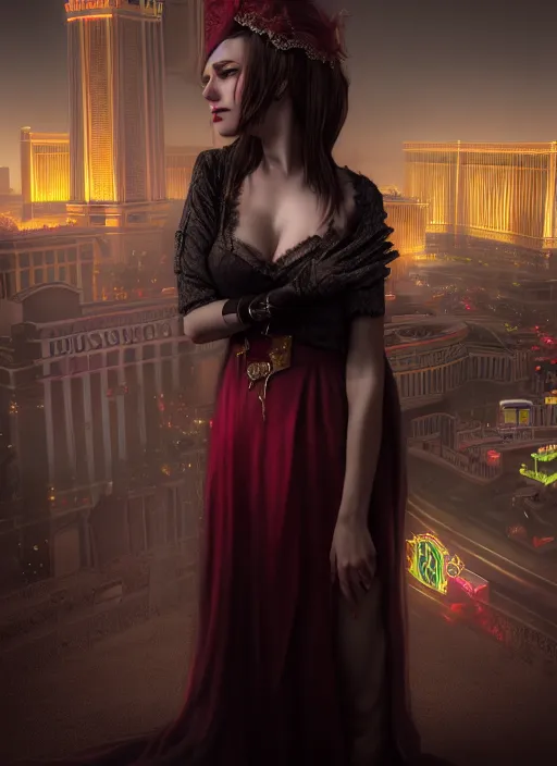 Prompt: realistic matte painting, full body portrait, the duchess of blood, owns the las vegas night, highly detailed, CGsociety, subtle, concept art, HDR, hyper realistic, volumetric lighting, subsurface scattering, unreal