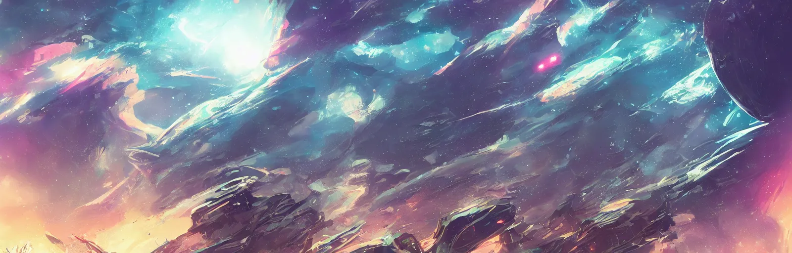 Image similar to concept art of an alien outer space galaxy, open expanse, stars, meteorites, floating debris, beautiful, fantasy, colorful, cinematic lighting, artstation, trending, highly detailed, focus, smooth, by studio ghibli, rossdraws, hirohiko araki, conrad roset, yoshitaka amano