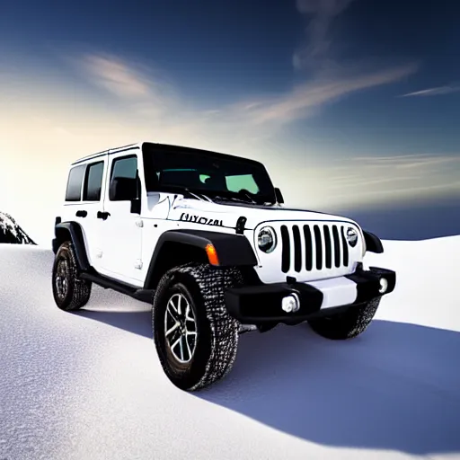 Image similar to white jeep wrangler driving on top of snowy mountain cornice, high quality digital art, dramatic lighting, cinematic, photo realism