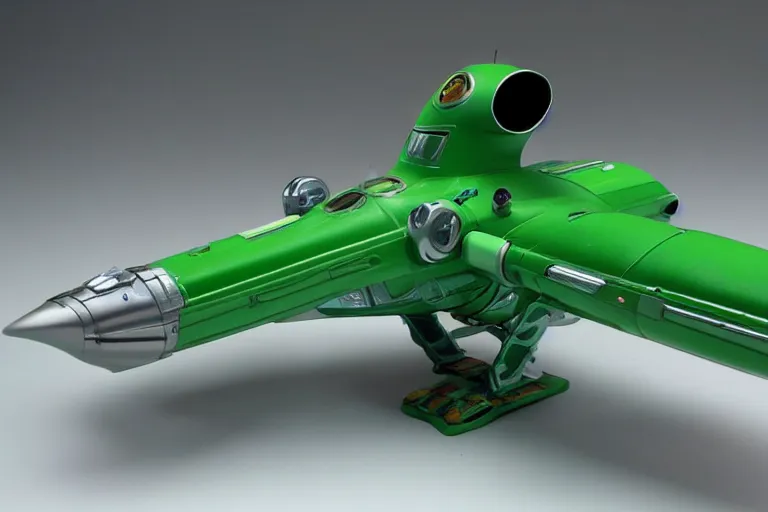 Image similar to Thunderbird 2 green spacecraft, side view, in the style of Supermarionation