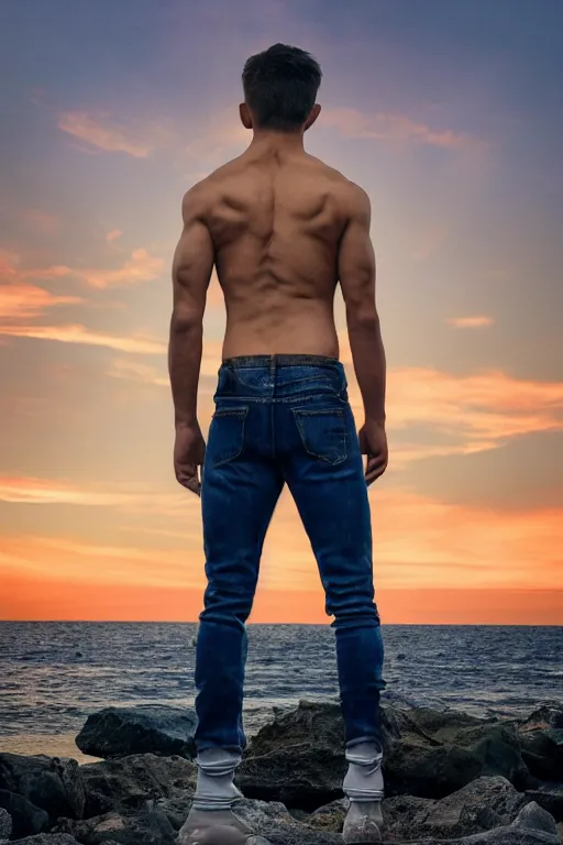 Prompt: a very muscular and defined male teen wearing ripped pants and shirt looking to the sea at sunset, godrays, complementary colors, natural lighting, portait image, path tracing, serene landscape, high quality, highly detailed, 8K, soft colors, warm colors, turbulent sea, high coherence, anatomically correct, hyperrealistic, concept art, defined face, five fingers