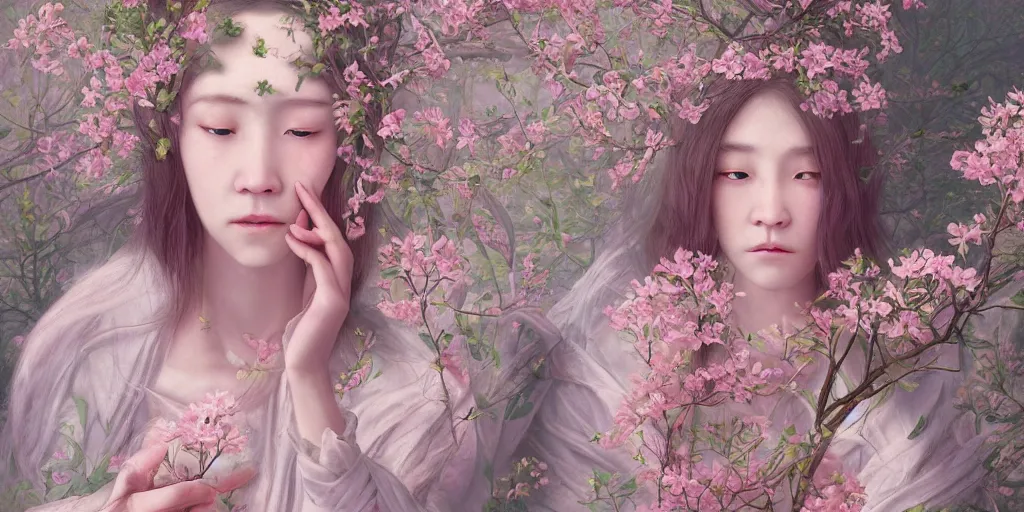 Image similar to breathtaking detailed weird concept art painting of few goddesses of light pink flowers, orthodox saint, with anxious, piercing eyes, ornate background, amalgamation of leaves and flowers, by Hsiao-Ron Cheng, extremely moody lighting, 8K