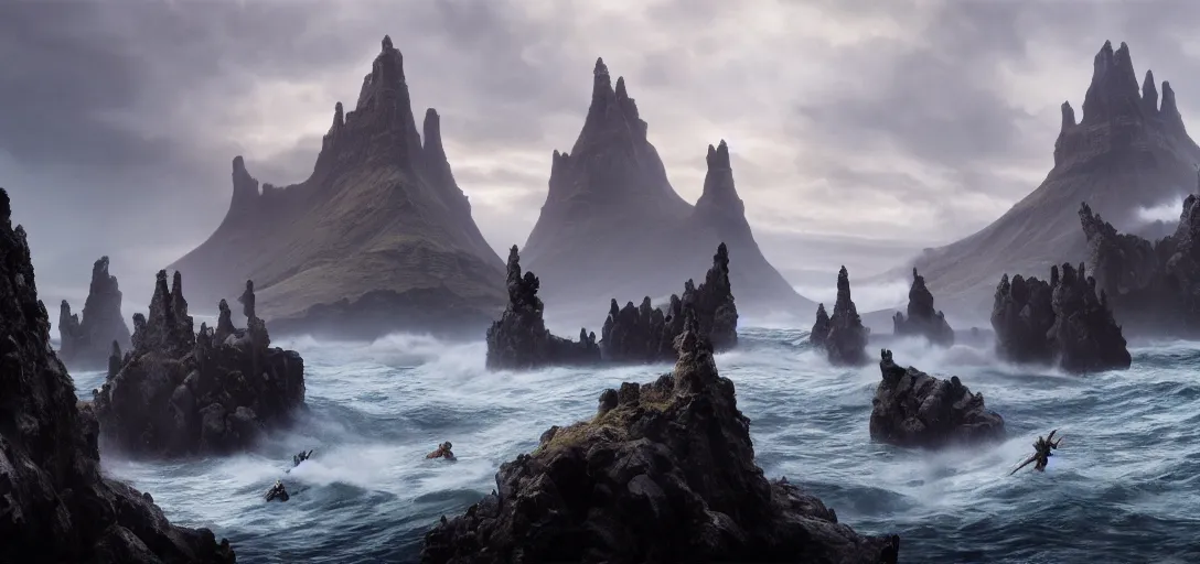 Image similar to vikings landing on the shore of iceland, dramatic lighting, cinematic, establishing shot, extremely high detail, photo realistic, cinematic lighting, post processed, concept art, artstation, matte painting, blizzard studio, wow, style by eddie mendoza, raphael lacoste, alex ross
