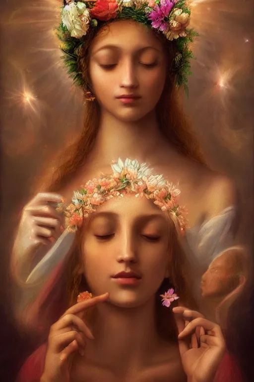 Image similar to the Divine Feminine, Beautiful, Flower Crown of the Gods, Woman, All Races, All Cultures, Female, Birth of creation, Mother Earth, Divinity, Hope, Ethereal, Renaissance Painting, Atmospheric Lighting, artstation trending