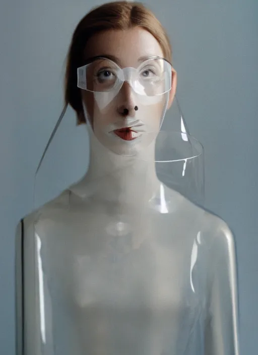 Image similar to a fashion portrait photograph of a woman wearing a transparent plastic mask designed by dieter rams, 3 5 mm, color film camera,