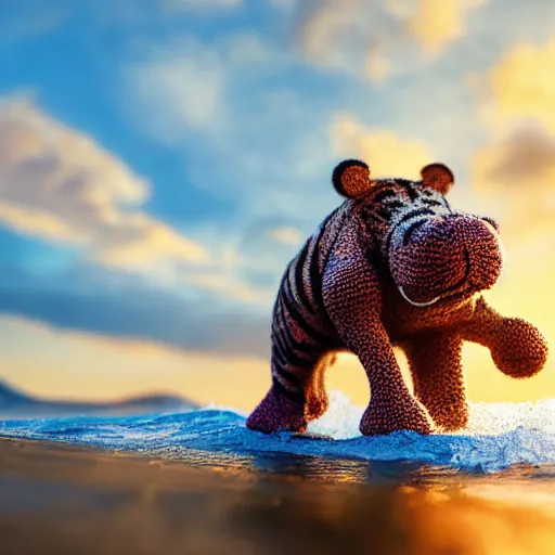 Image similar to a closeup photorealistic photograph of a cute smiling knitted tiger hippopotamus riding an epic wave at sunset. surf in the background. professional capture. brightly lit scene. this 4 k hd image is trending on artstation, featured on behance, well - rendered, extra crisp, features intricate detail, epic composition and the style of unreal engine.