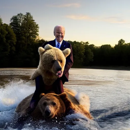 Prompt: high quality photograph of joe biden riding a bear across a river, golden hour
