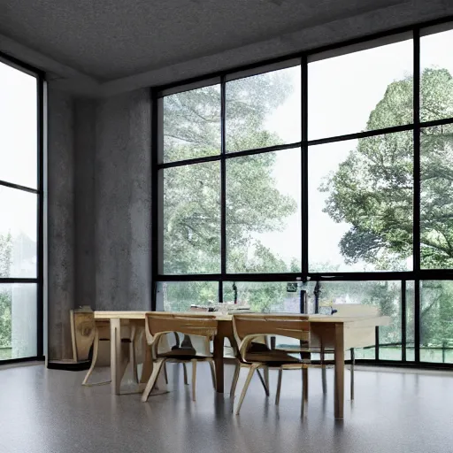 Image similar to brutalist open kitchen, big windows, showing trees landscape on background, minimalist architecture, minimalist furniture, octane render, high quality, 8 k, post production