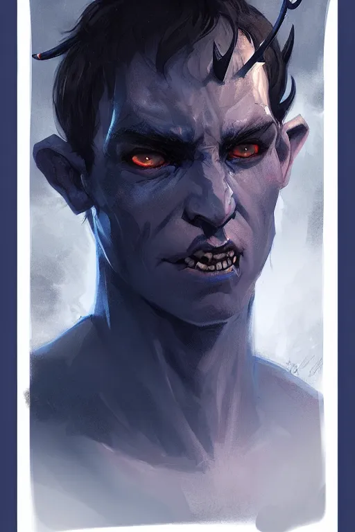 Image similar to character design portrait of a sad dark blue tiefling boy with horns and dark hair and pitch black hollow eyes by Greg Rutkowski