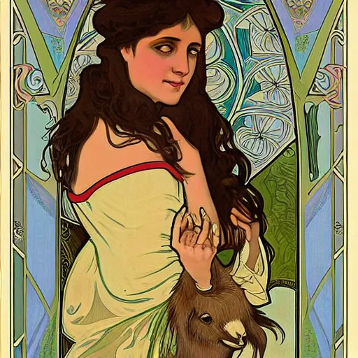 Image similar to art nouveau illustration of a south american woman touching the head of a llama, her face shown in profile, in the style of alphonse mucha
