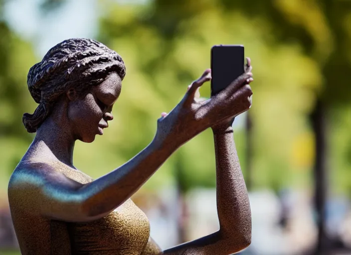 Image similar to photo still of a bronze statue of a woman using an iphone to take a selfie in a park on a bright sunny day, 8 k 8 5 mm f 1 6