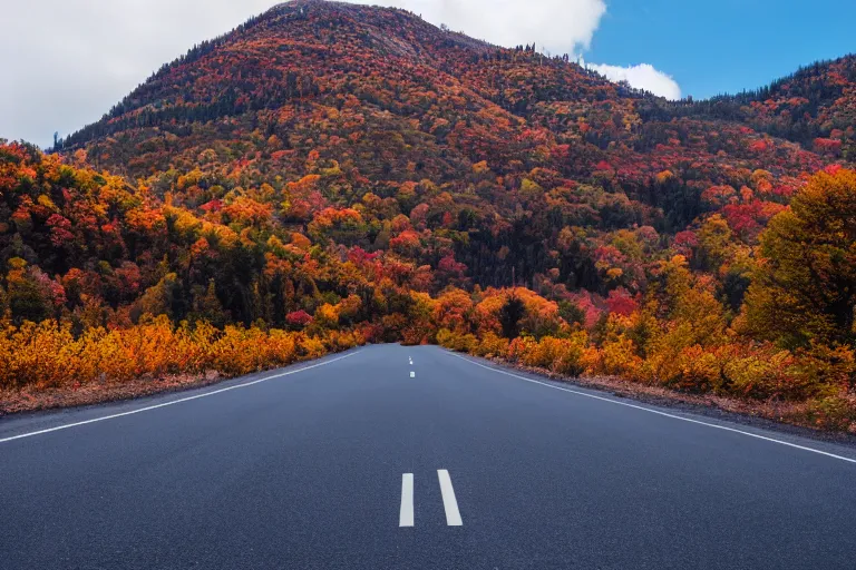 Image similar to a road with warehouses on either side, and an autumn mountain behind it with a radio tower on top. Lens compression, photography highly detailed