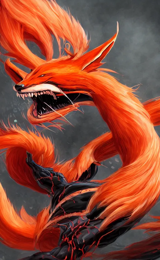 Image similar to venom as the nine tailed fox, kurama, dynamic lighting, photorealistic dark fantasy concept art, trending on art station, stunning visuals, creative, cinematic, ultra detailed