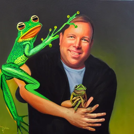 Image similar to oil painting of alex jones holding a frog