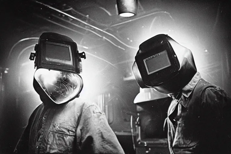 Prompt: welder in welding mask in a berlin dance club, ominous lighting, by richard avedon, tri - x pan stock