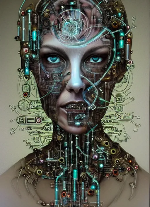 Image similar to biopunk cyborg portrait by julie bell, intricate integrated circuit patterns, detailed!, very sharp!!!