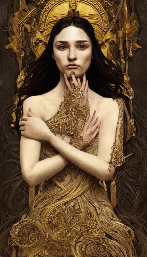 Prompt: cries and whispers, fame of thrones, lord of daggers, neon, fibonacci, sweat drops, intricate fashion clothing, insane, intricate, highly detailed, surrealistic, digital painting, artstation, concept art, smooth, sharp focus, illustration, Unreal Engine 5, 8K, art by artgerm and greg rutkowski and alphonse mucha