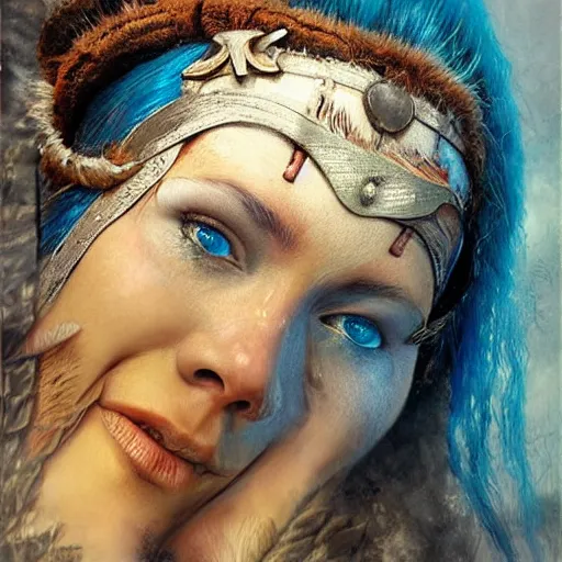 Prompt: A young female shaman, blue hair and antlers on her head. blindfolded, heilung, in the style of Heather Theurer, made by karol bak