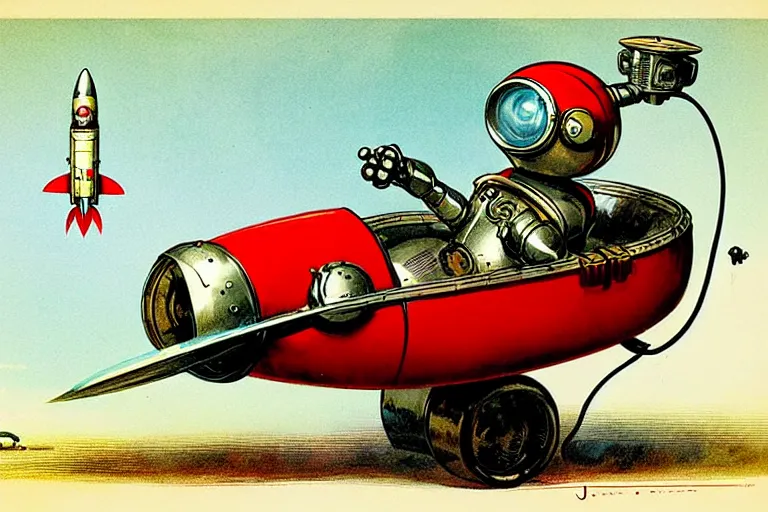 Image similar to adventurer. 1 9 5 0 s retro future robot android mouse rv rocket sled robot. muted colors.. by jean baptiste monge. chrome red