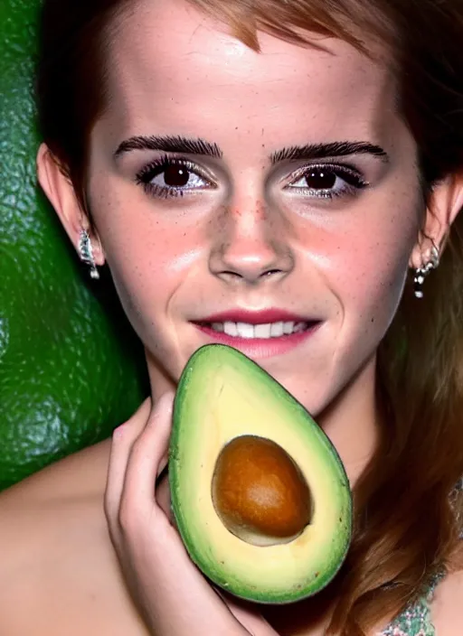 Image similar to emma watson inside an avocado, high quality photography