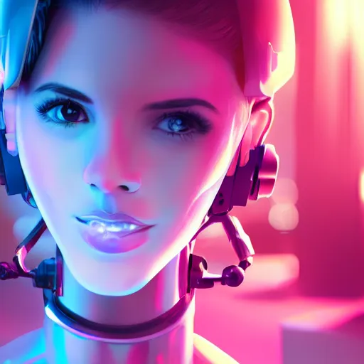 Prompt: cute young woman with robot ears and eyes, 4k, sharp focus, neon colored fluorescent lighting, jordan grimmer