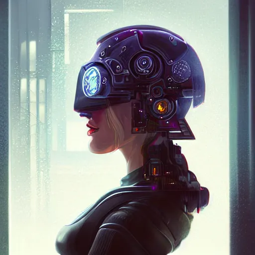 Prompt: portrait of cyberpunk woman looking out of a window, cyberpunk setting, futuristic, highly detailed, intricate lighting, digital painting, sharp focus, illustration, trending on artstation, art by kawacy.