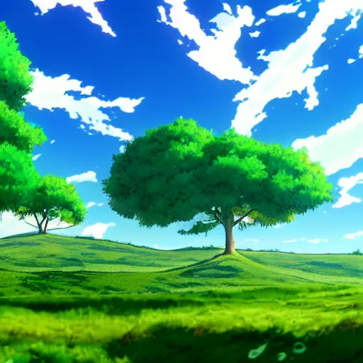 Image similar to green hills with a blue sky with clouds, scene from an anime movie, 4k,