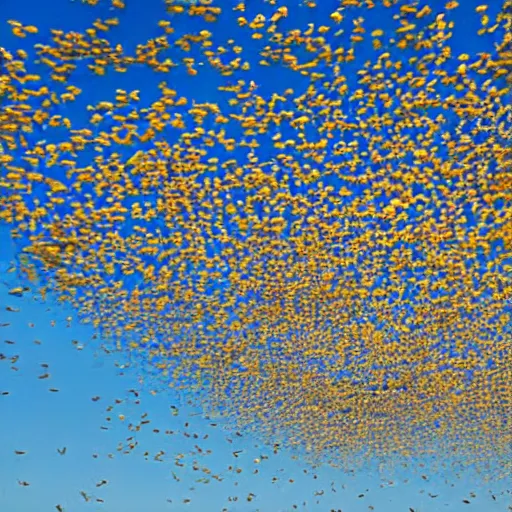 Prompt: photograph of rubber ducks flying in the sky
