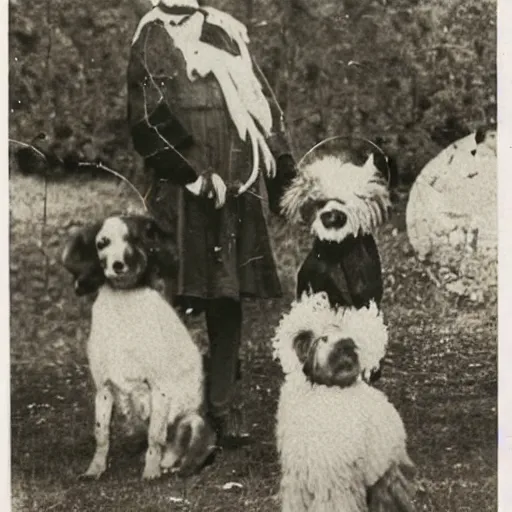 Prompt: a 1900s photo of a cultists worshiping a dog