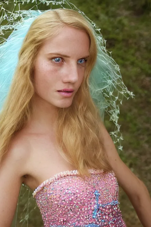 Image similar to a princess with long blonde hair and light blue eyes wearing a strapless elaborately beaded pink dress standing next to a green popup camping tent, high resolution film still, 8k, HDR color, film by Simon Langton and David Frankel, triangular face, very light freckles, round narrow chin, straight jawline, natural lips, high cheekbones, beautiful gazing eyes, green outdoor camping tent