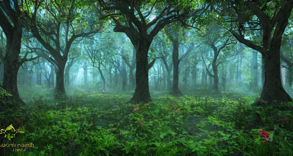 Image similar to Enchanted and magic forest, with 3D render