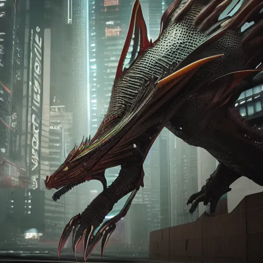 Image similar to 3d full-body render of a detailed cyberpunk dragon, highly detailed, high quality, HD, 4k, 8k, Canon 300mm, professional photographer, 40mp, lifelike, top-rated, award winning, realistic, sharp, no blur, edited, corrected, trending