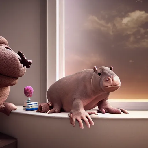 Prompt: a baby hippo lives in a cozy house. it likes to watch tv in the family room. digital art. 3 d render, photorealistic, hyper realistic, ue 5, octane.