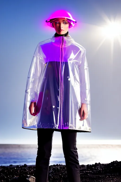 Image similar to an ultra high definition professional high fashion portrait studio full length photograph of a model wearing a transparent pearlescent raincoat and neon visor in an icelandic black rock environment at dawn. no artefacts. extremely detailed. stark. refraction. shallow depth of field. volumetric light and shadow. ray tracing. light rays.