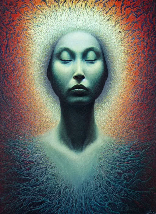 Image similar to dramatic portrait painting of woman with black mandelbrot fractal instead of face, in style of zdzisław beksinski,