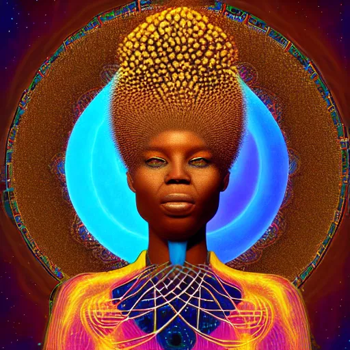 Prompt: african fractals, adinkra symbols, cosmic afro goddess covered in gold, by alex grey and Agostino Arrivabene, mandelbulber3d, 8k resolution, ambient oclusion