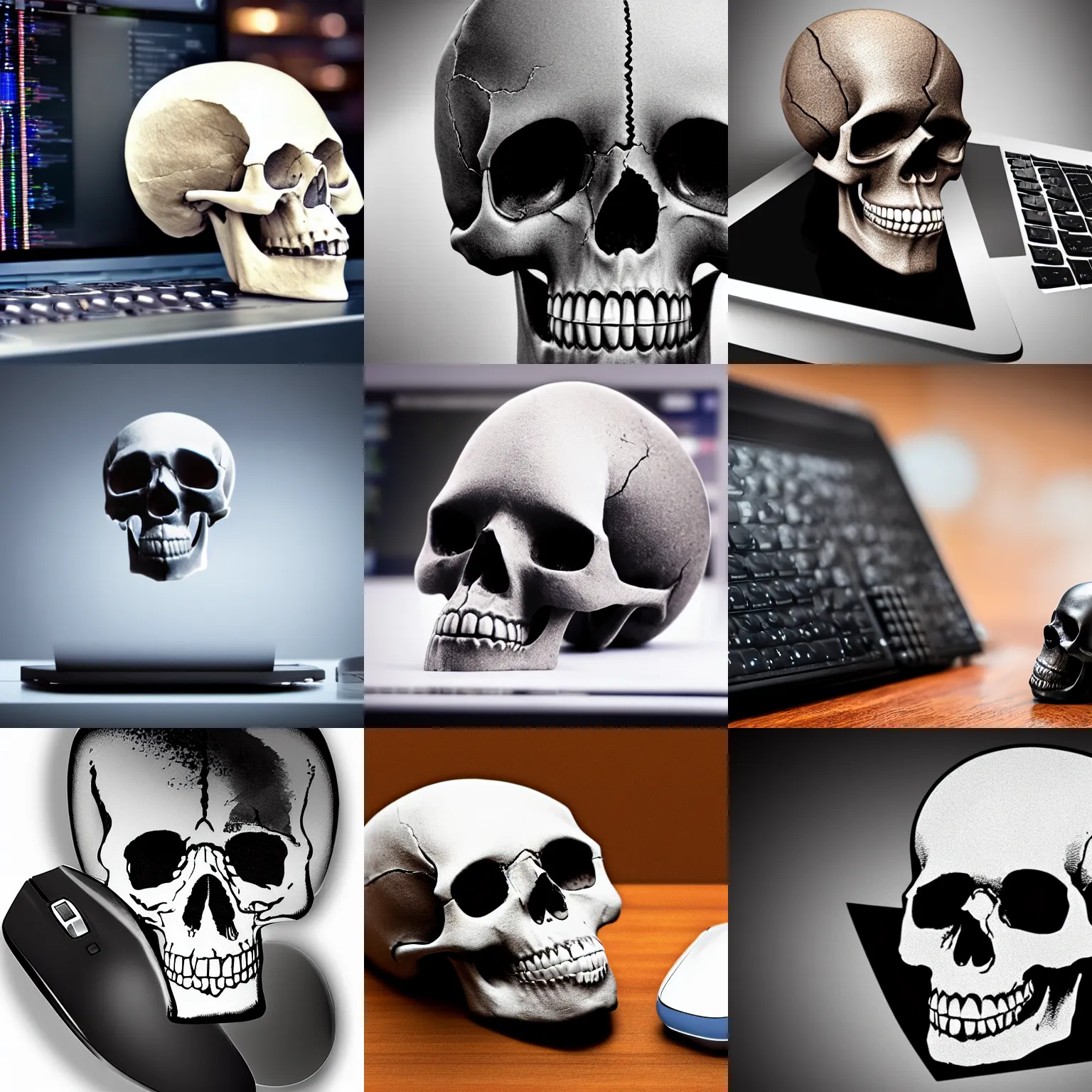 Prompt: skull in computer, pressing the mouse