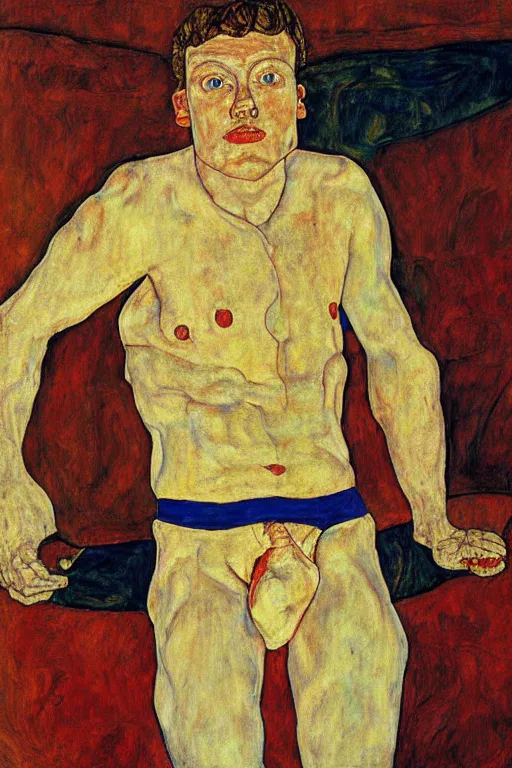 Prompt: portrait of russian athlete young man posing in his grandparents living room, 1987, egon schiele