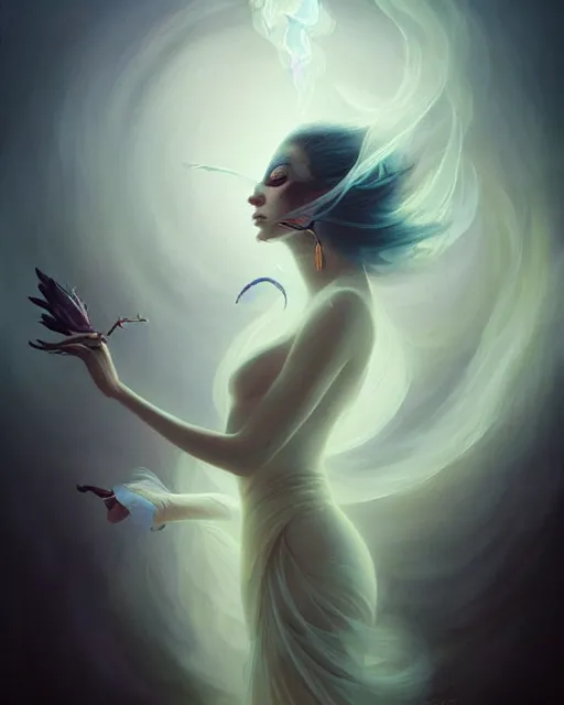 Prompt: elegant woman cloaked in ethereal feathers and smoke, artgerm, peter mohrbacher, anato finnstark, intricately detailed portrait