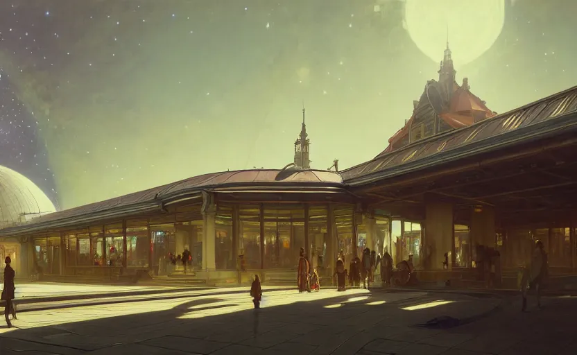 Image similar to exterior shot of utopian train station on the edge of the space with cinematic lighting by renzo piano, darek zabrocki and greg ruthkowski, alphonse mucha, simon stalenhag, cinematic, holy place, paradise, scifi, futurism, atmospheric, concept art, artstation, trending on artstation