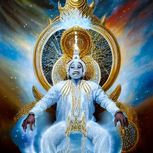 Prompt: obatala the cosmic god wearing all white and gold sitting on a throne of nebula clouds, by Adi granov and afarin sajedi in a surreal portrait style, oil on canvas, volumetric lighting, glowing eyes, detailed face, orisha, 8k, hd