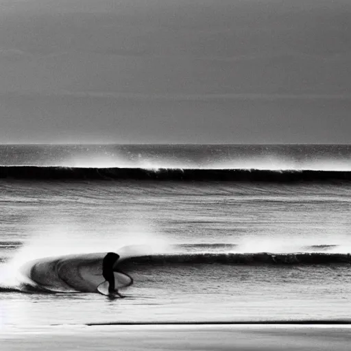 Image similar to a cyborg wearing welding goggles surfs a wave in waimea bay on a 1 0 - foot wooden longboard at sunset, black and white film photograph.